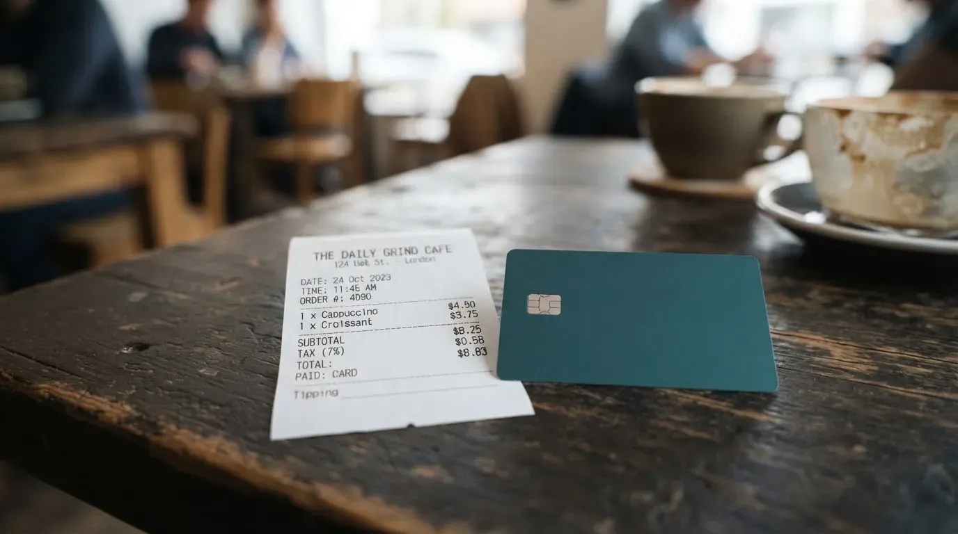 A receipt and a card on a café table