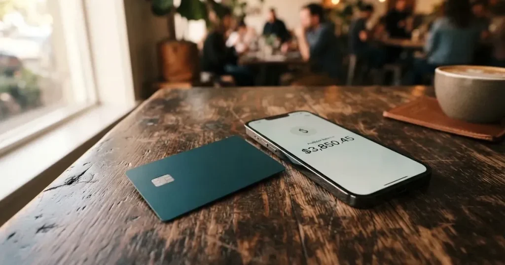 A payment card next to a phone with a crypto wallet app open