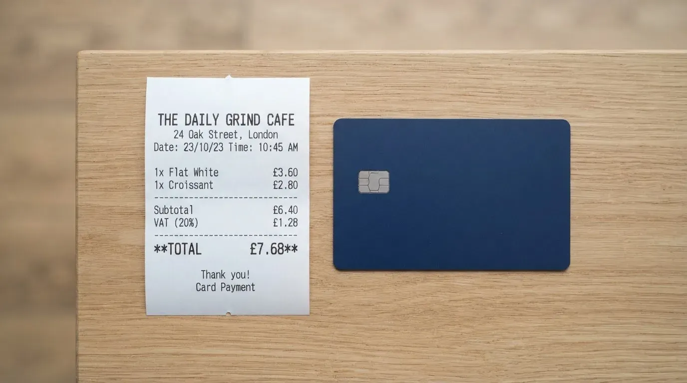 A receipt and a card on a café table