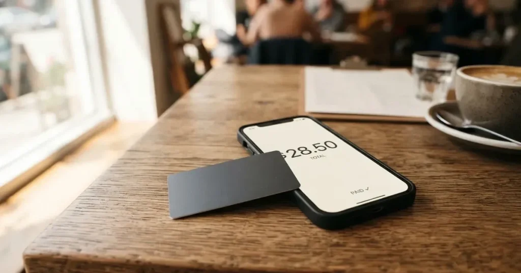 A payment card next to a phone with a crypto wallet app open