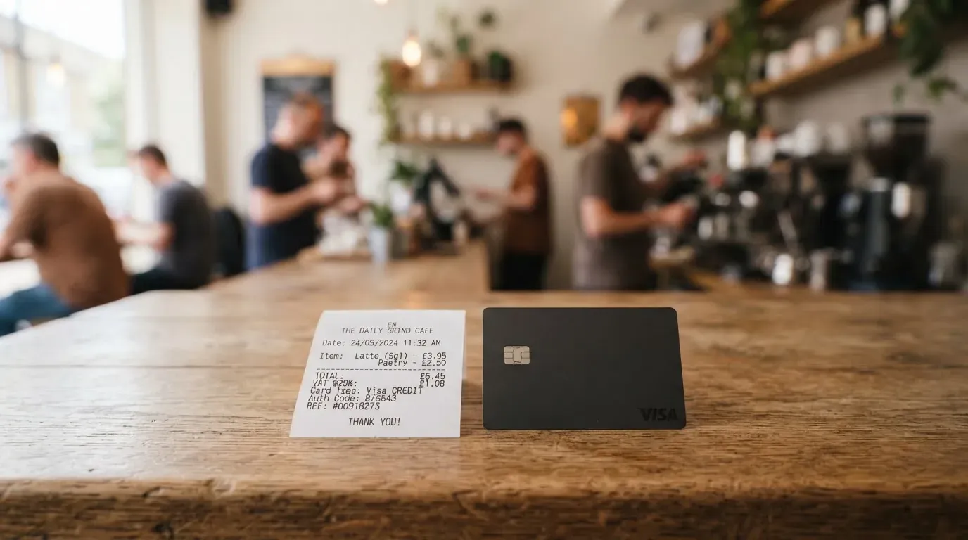 A receipt and a card on a café table