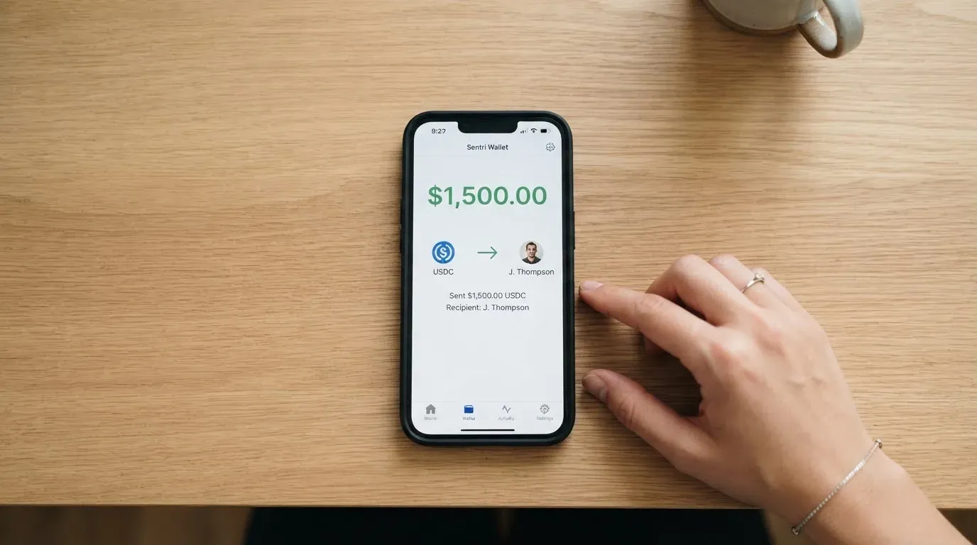 A phone showing a stablecoin transfer screen