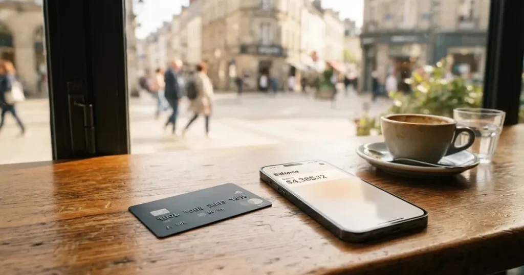 A payment card next to a phone with a crypto wallet app open