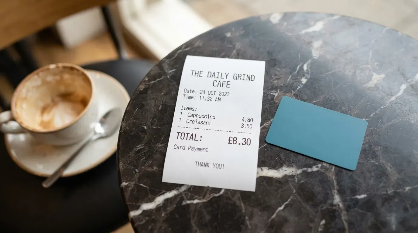 A receipt and a card on a café table