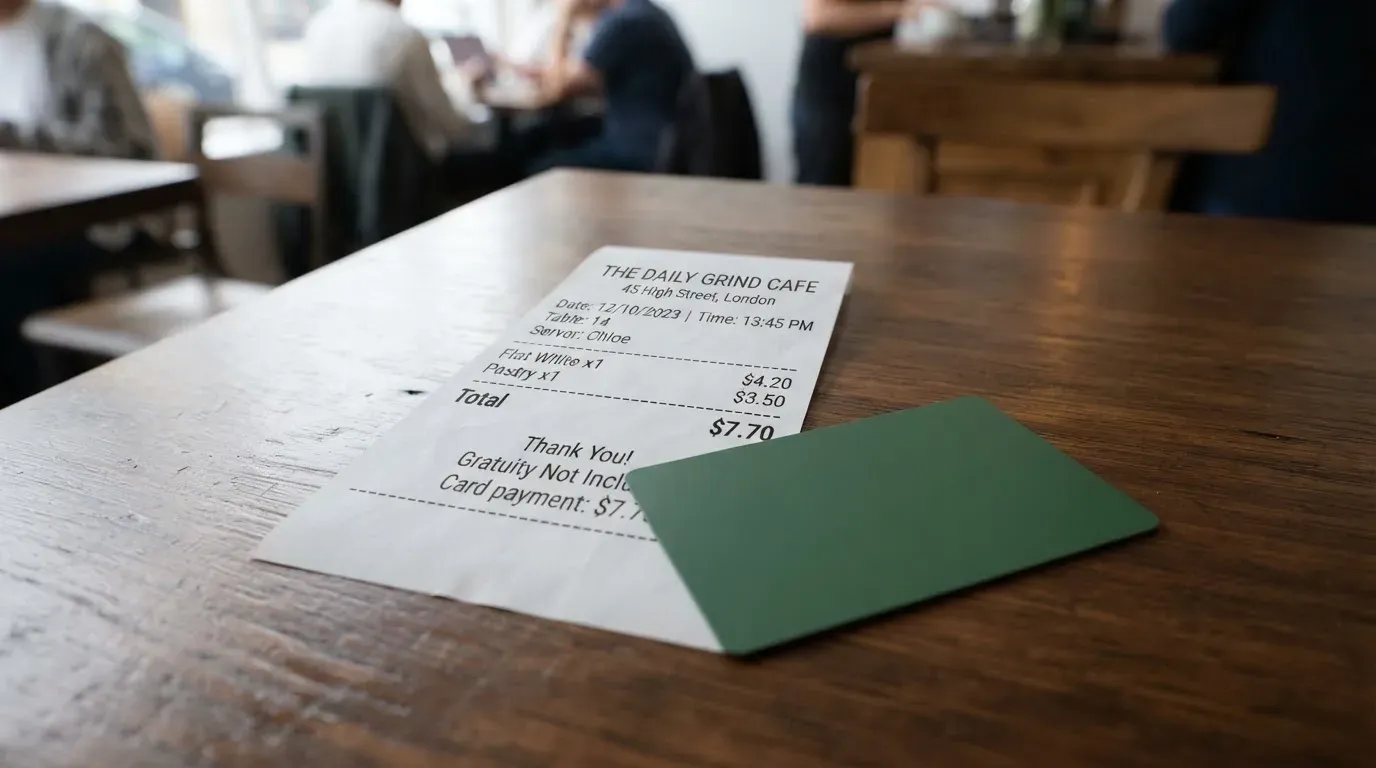 A receipt and a card on a café table