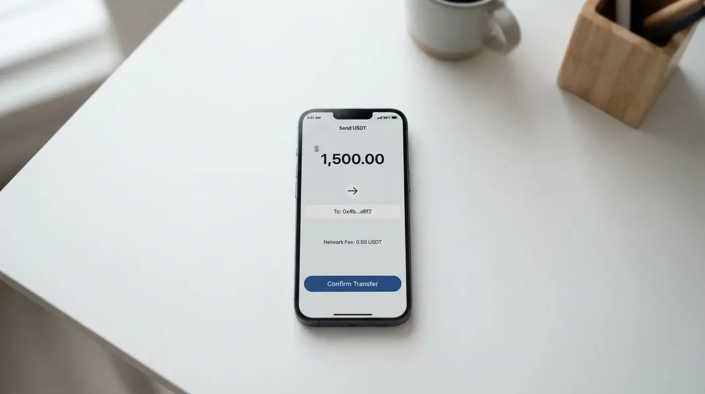 A phone showing a stablecoin transfer screen
