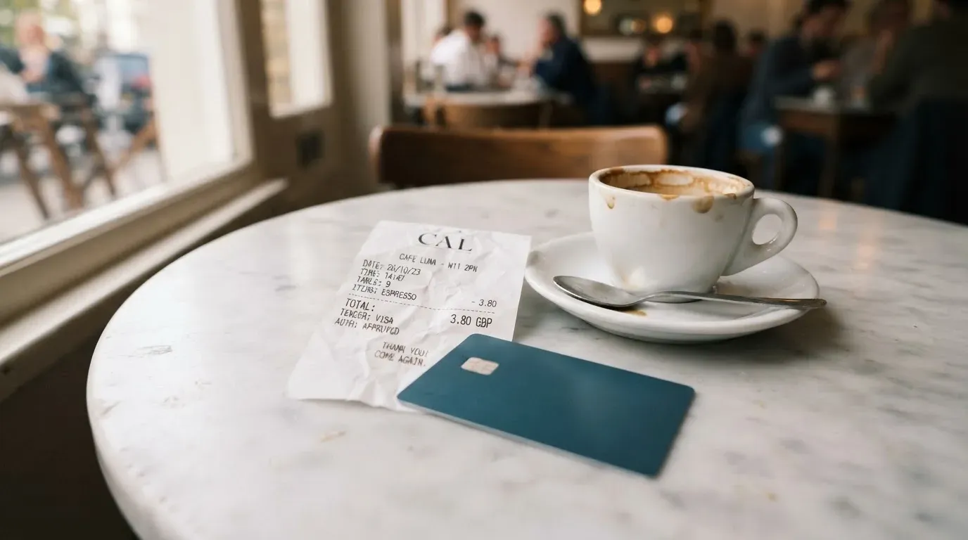 A receipt and a card on a café table