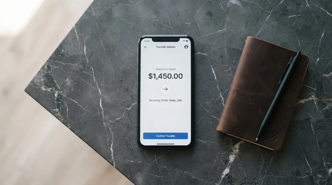 A phone showing a stablecoin transfer screen