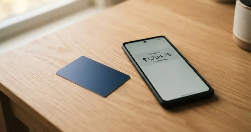 A payment card next to a phone with a crypto wallet app open