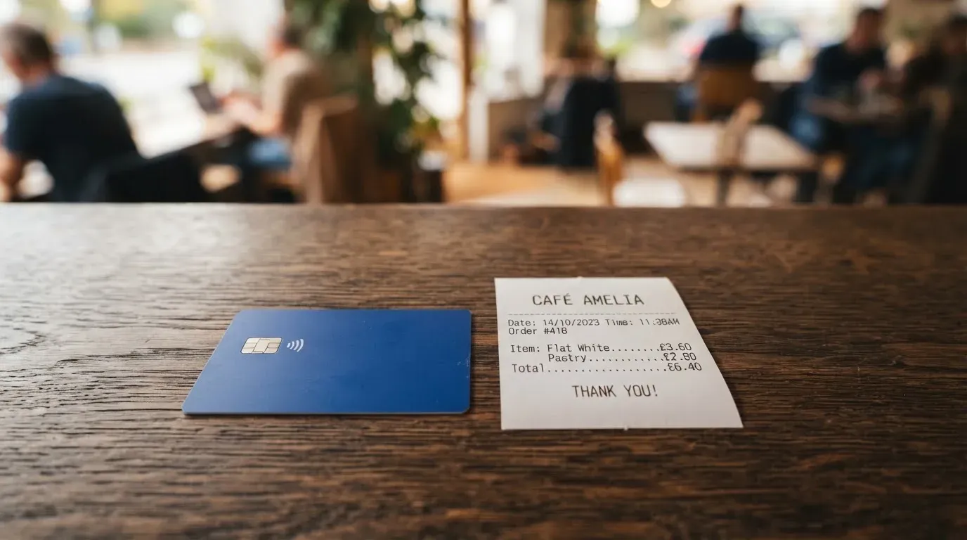 A receipt and a card on a café table