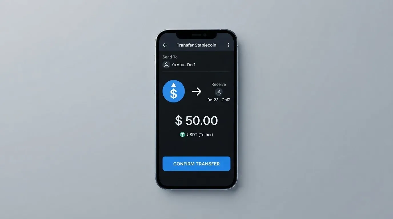 A phone showing a stablecoin transfer screen
