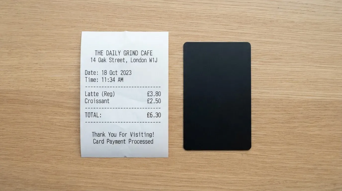 A receipt and a card on a café table