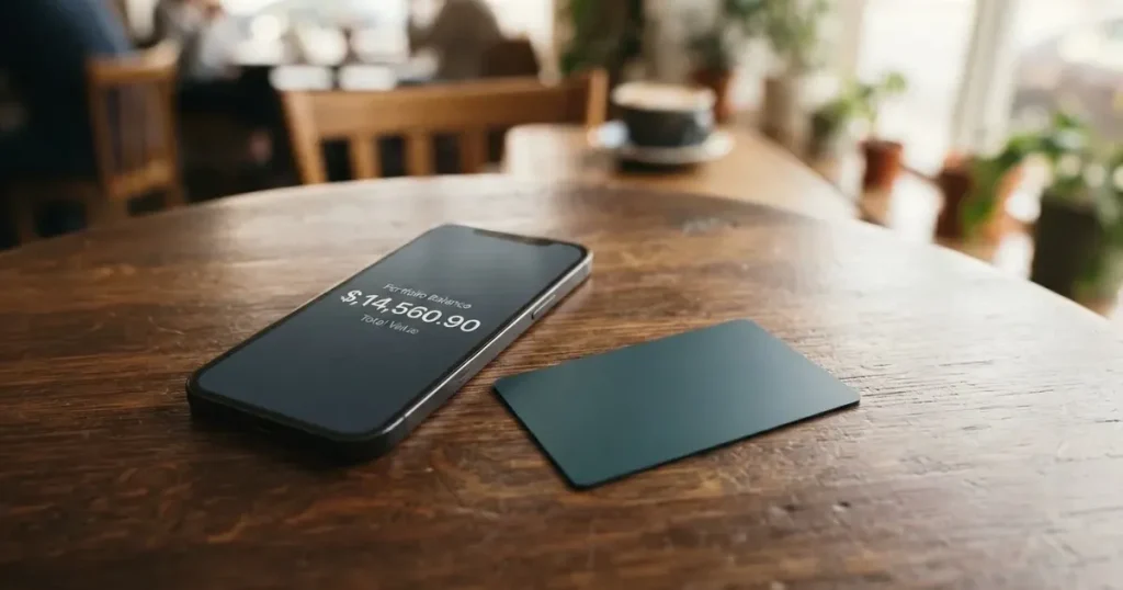 A payment card next to a phone with a crypto wallet app open