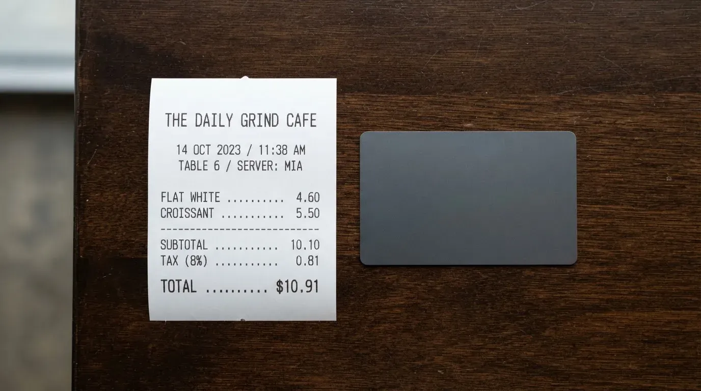 A receipt and a card on a café table