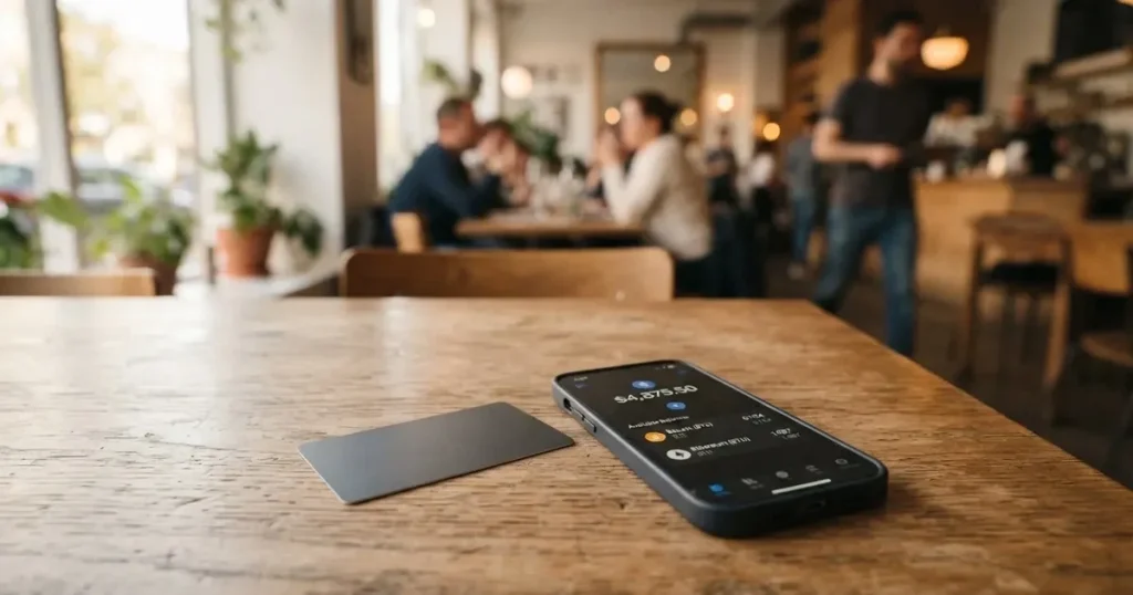A payment card next to a phone with a crypto wallet app open