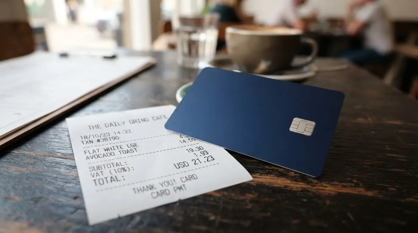 A receipt and a card on a café table