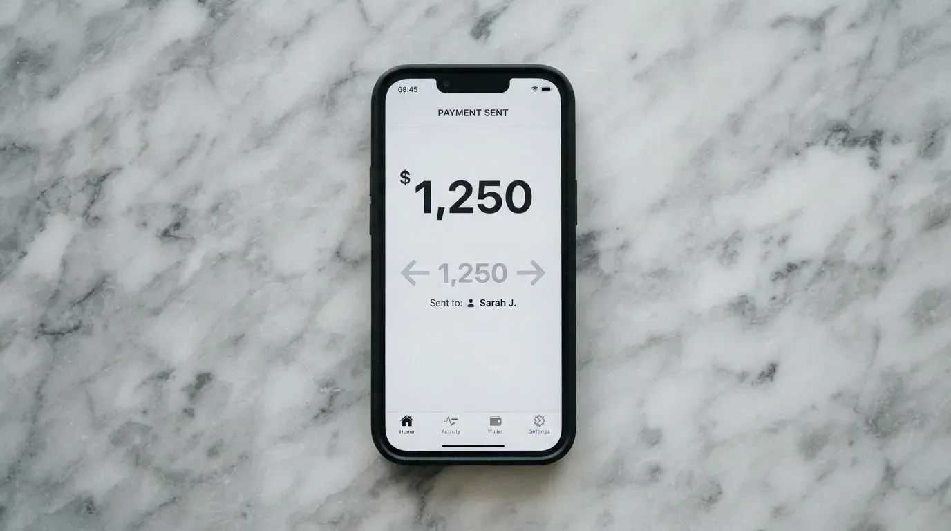 A phone showing a stablecoin transfer screen