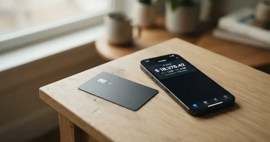 A payment card next to a phone with a crypto wallet app open