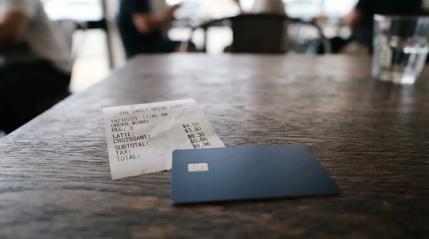 A receipt and a card on a café table