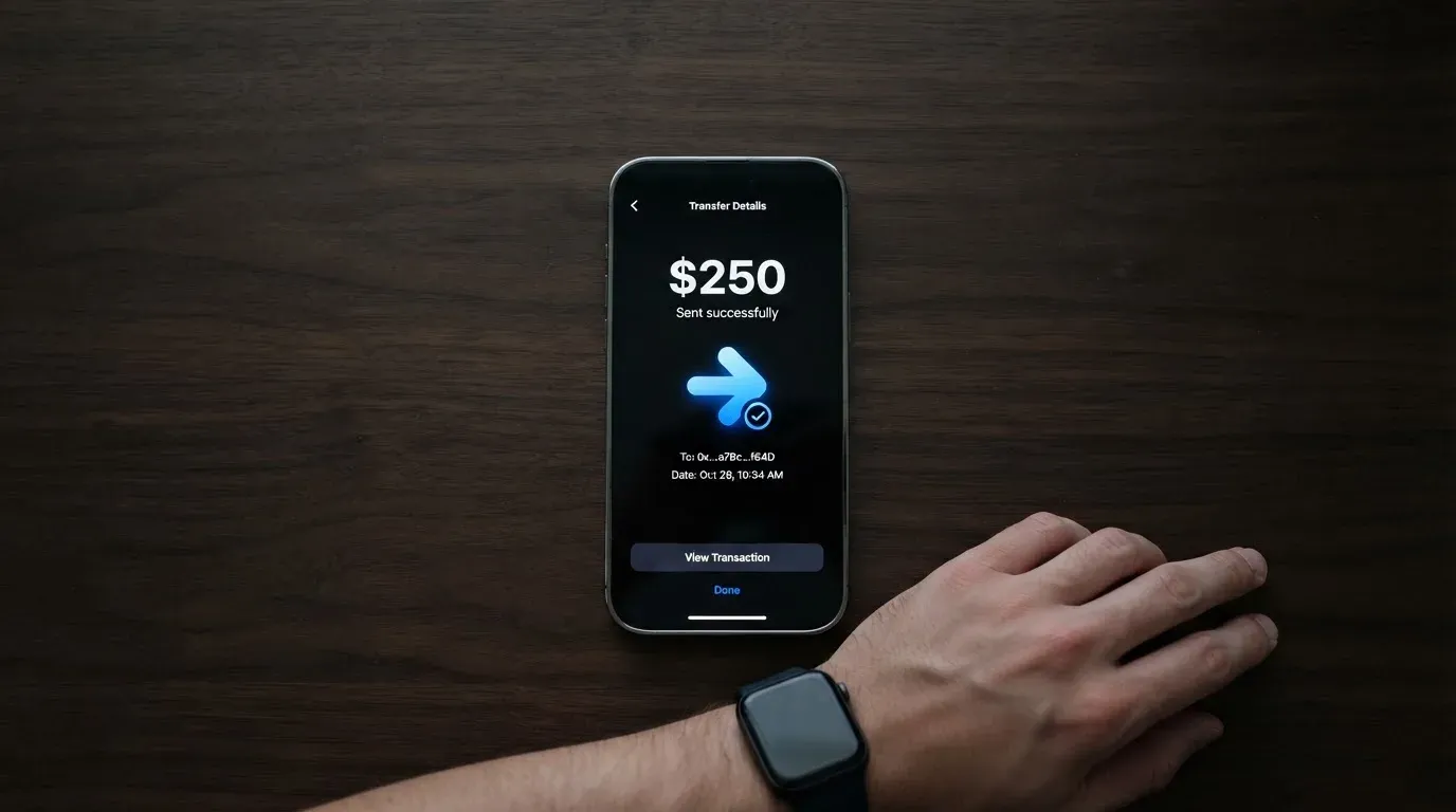 A phone showing a stablecoin transfer screen