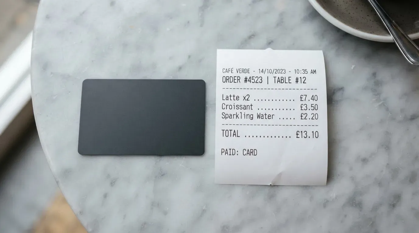 A receipt and a card on a café table