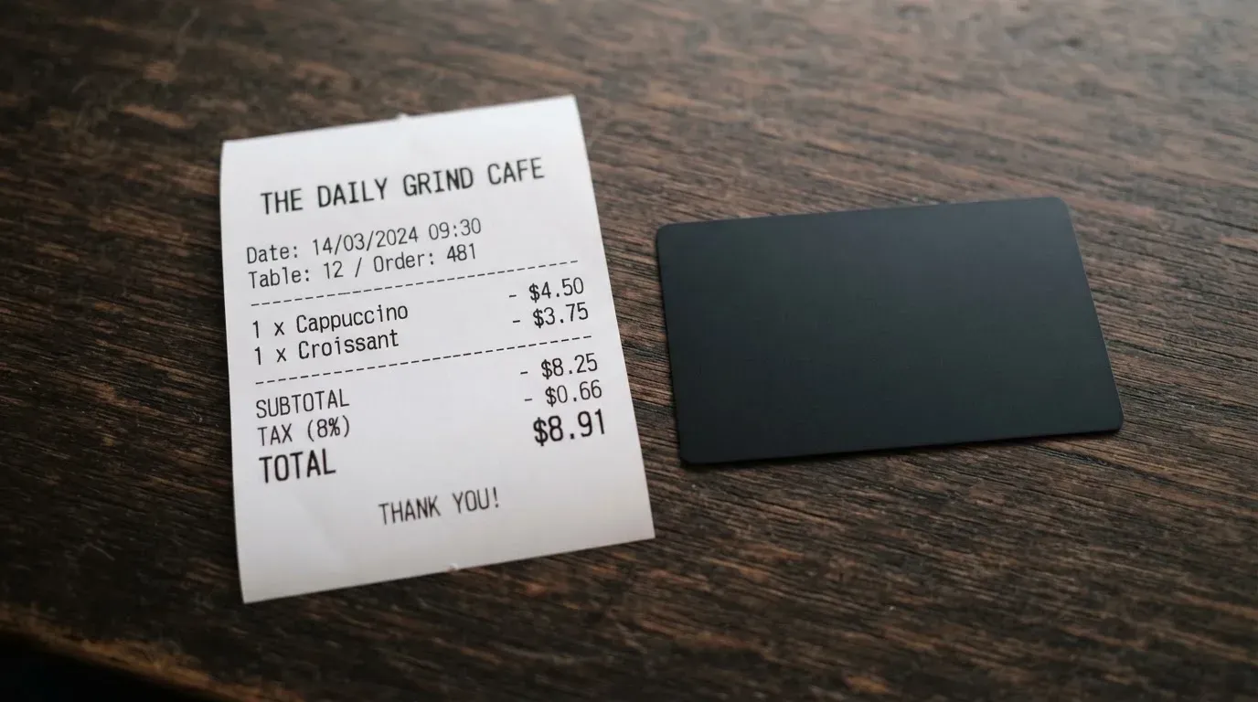 A receipt and a card on a café table
