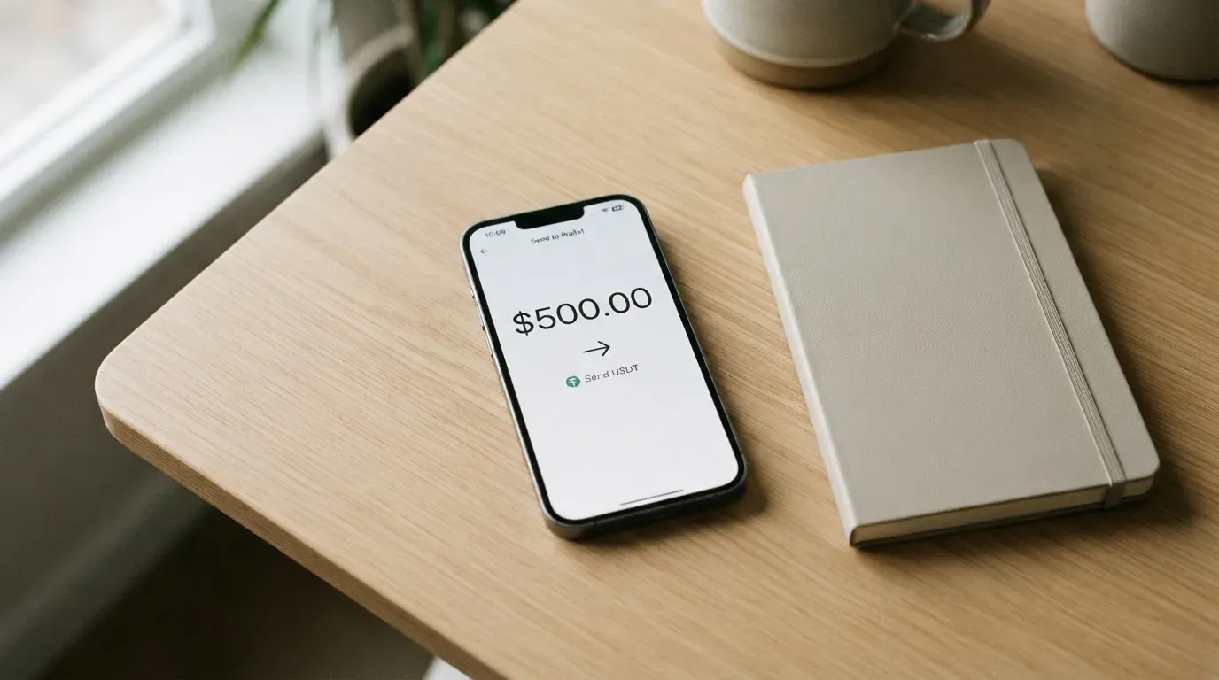 A phone showing a stablecoin transfer screen