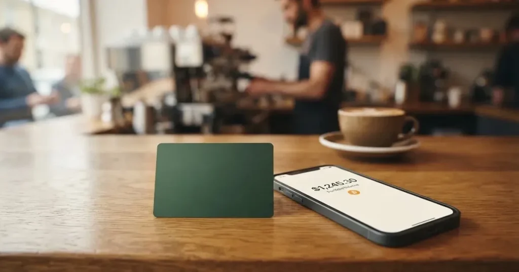 A payment card next to a phone with a crypto wallet app open