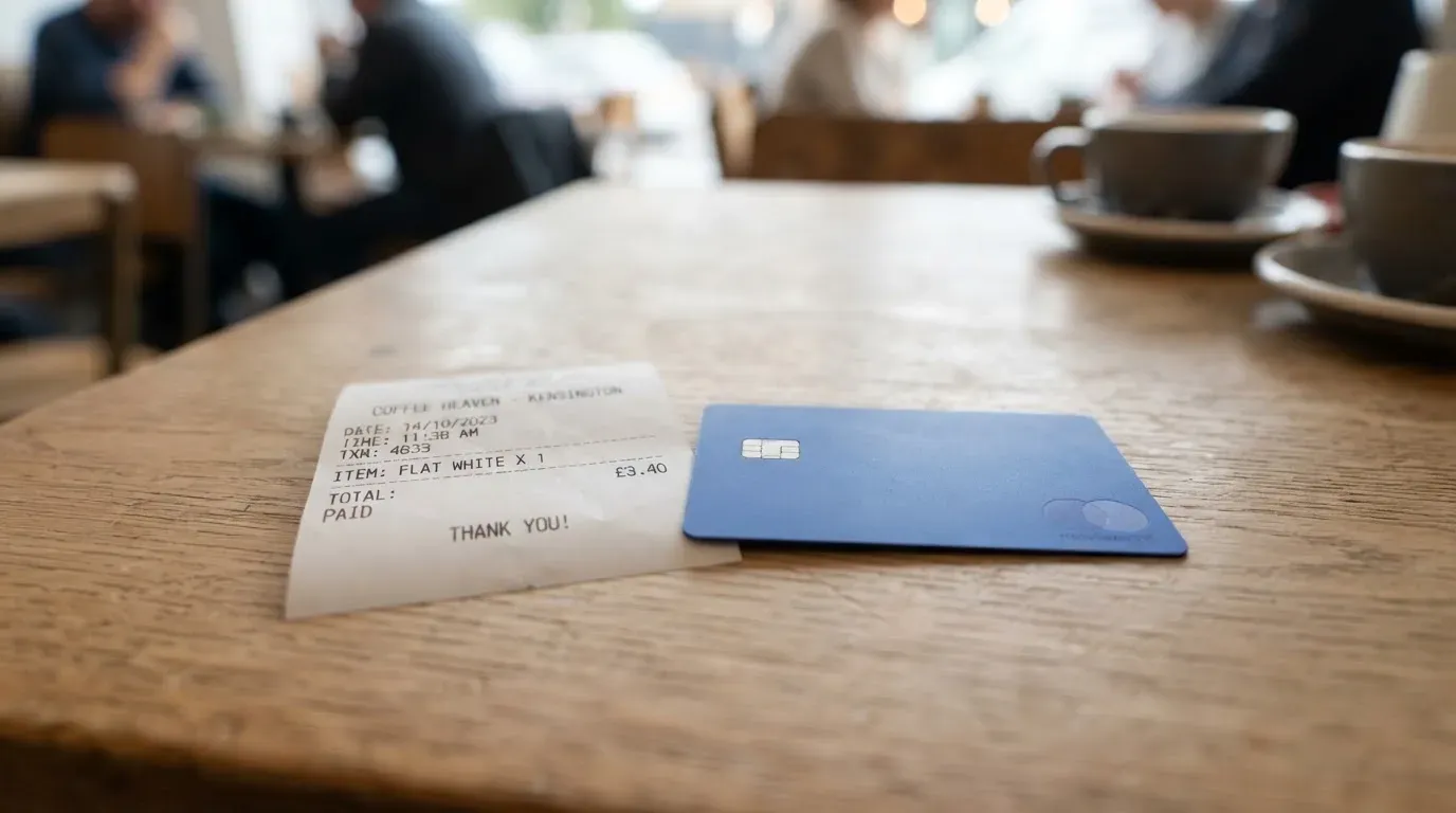 A receipt and a card on a café table
