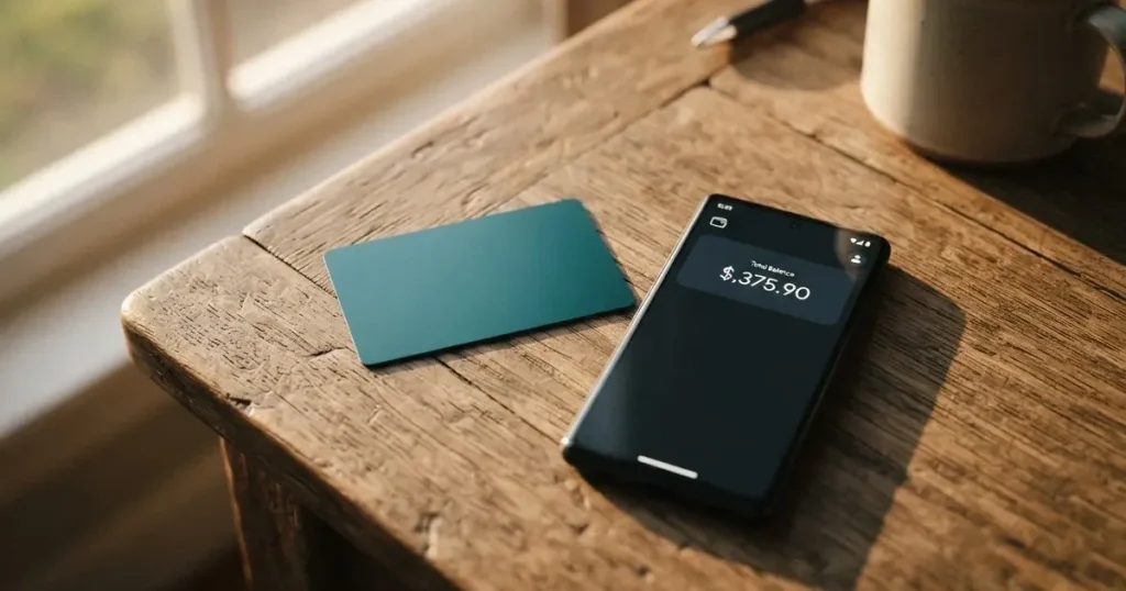 A payment card next to a phone with a crypto wallet app open