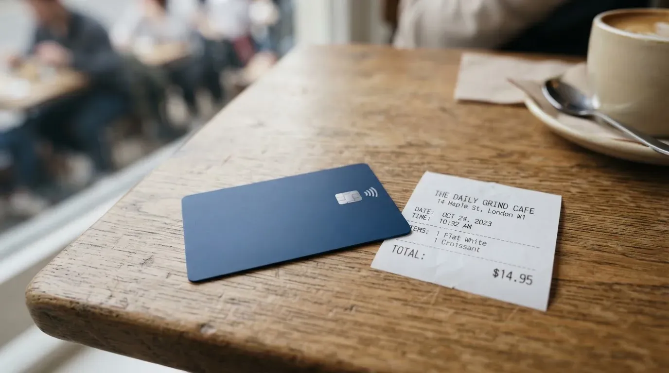 A receipt and a card on a café table