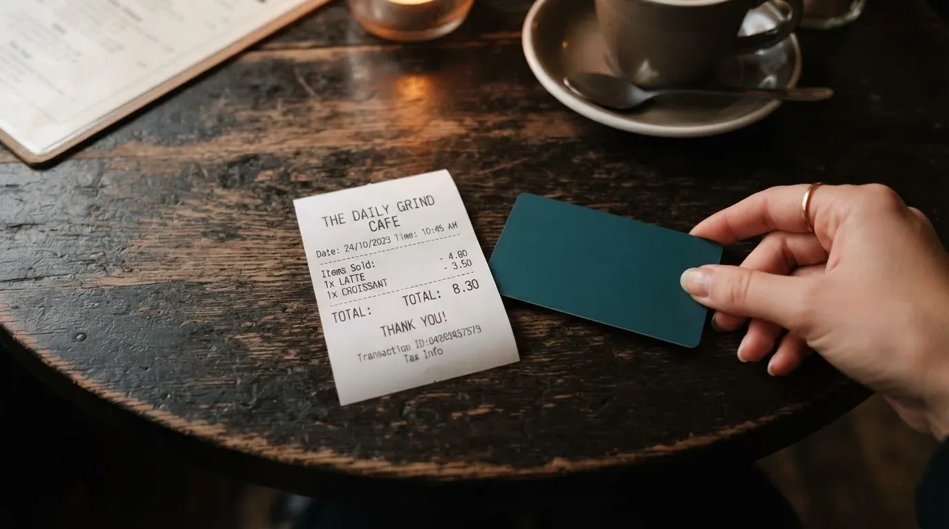 A receipt and a card on a café table