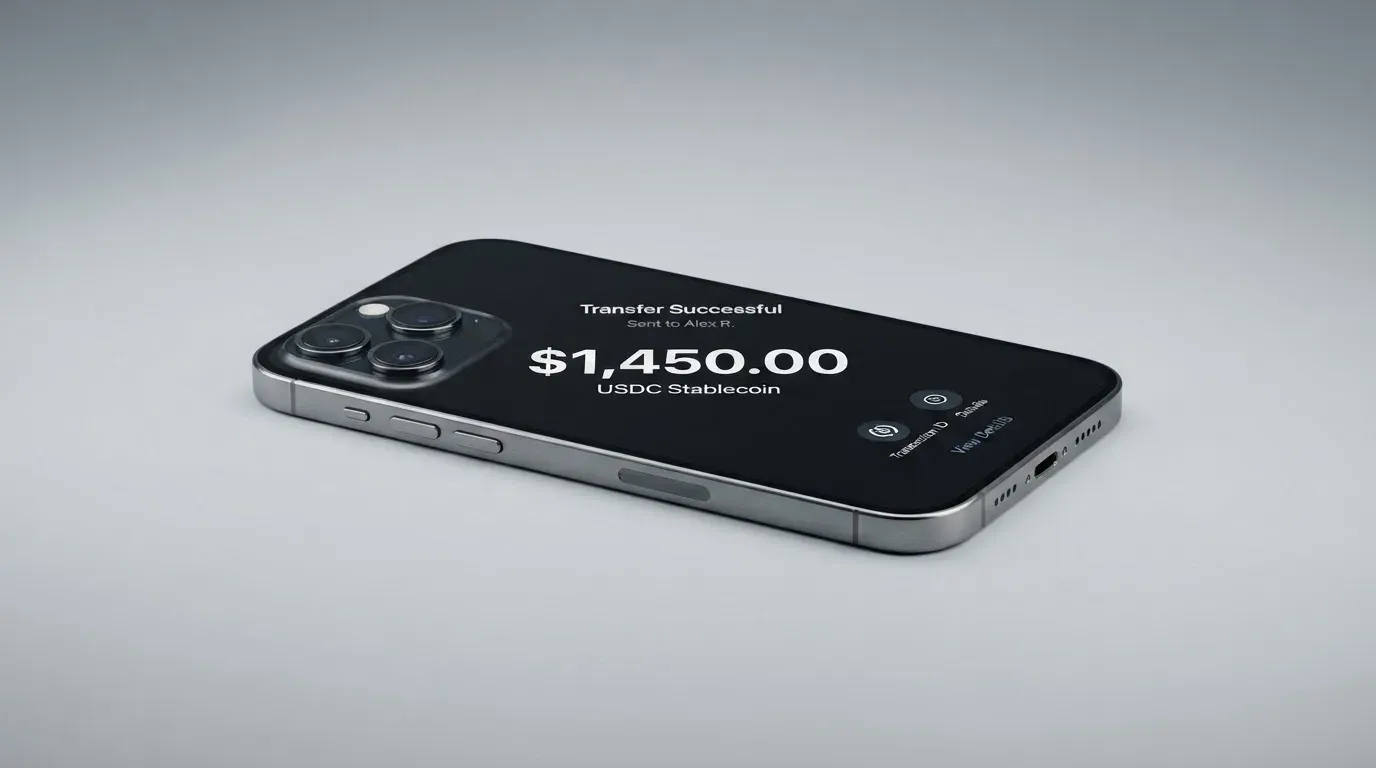 A phone showing a stablecoin transfer screen