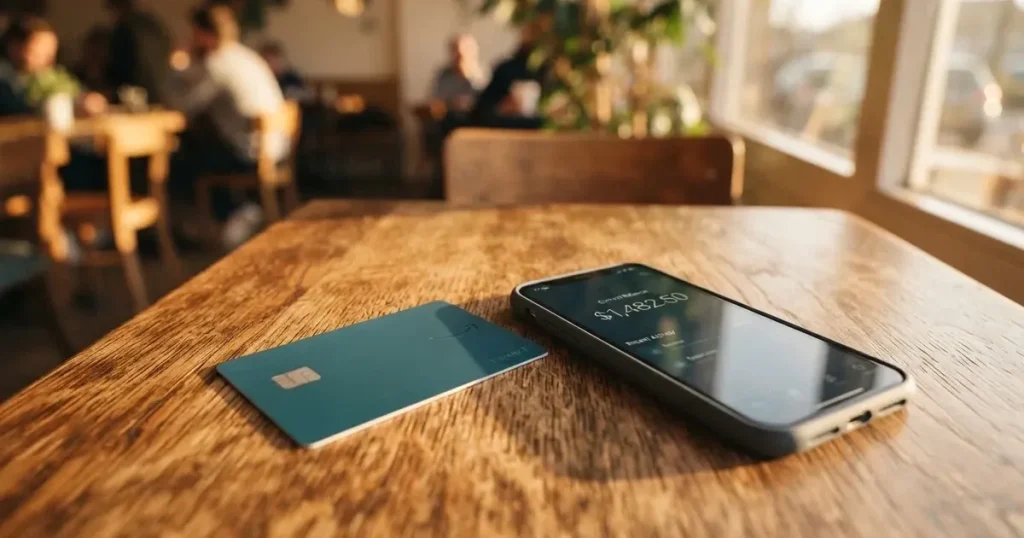 A payment card next to a phone with a crypto wallet app open
