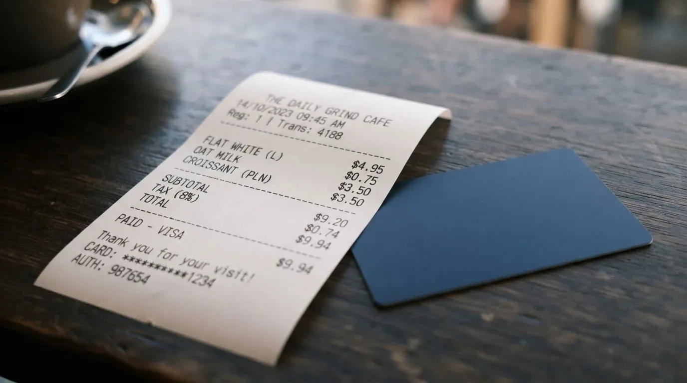 A receipt and a card on a café table