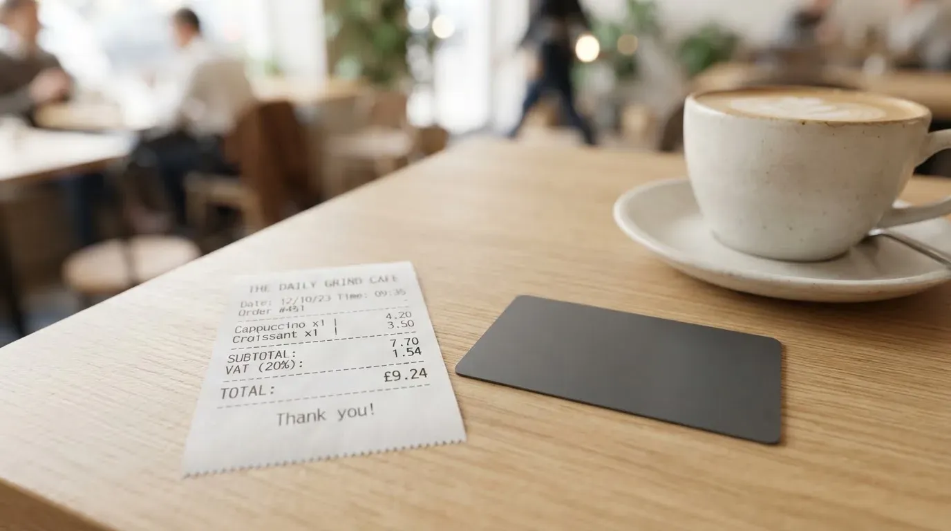 A receipt and a card on a café table