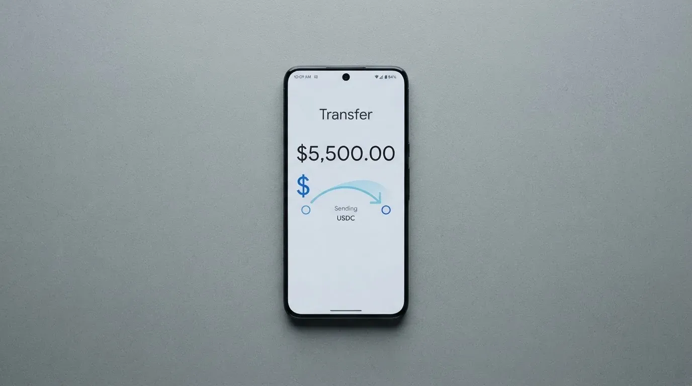 A phone showing a stablecoin transfer screen