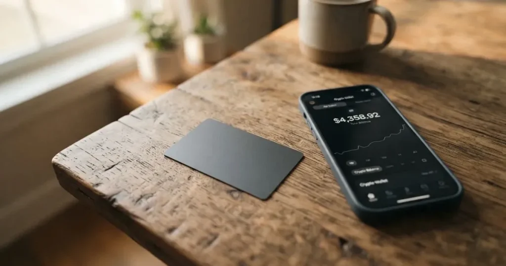 A payment card next to a phone with a crypto wallet app open