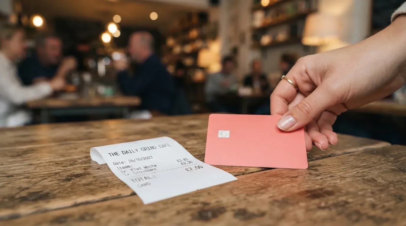 A receipt and a card on a café table