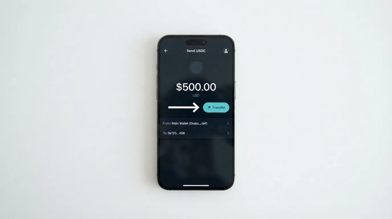 A phone showing a stablecoin transfer screen
