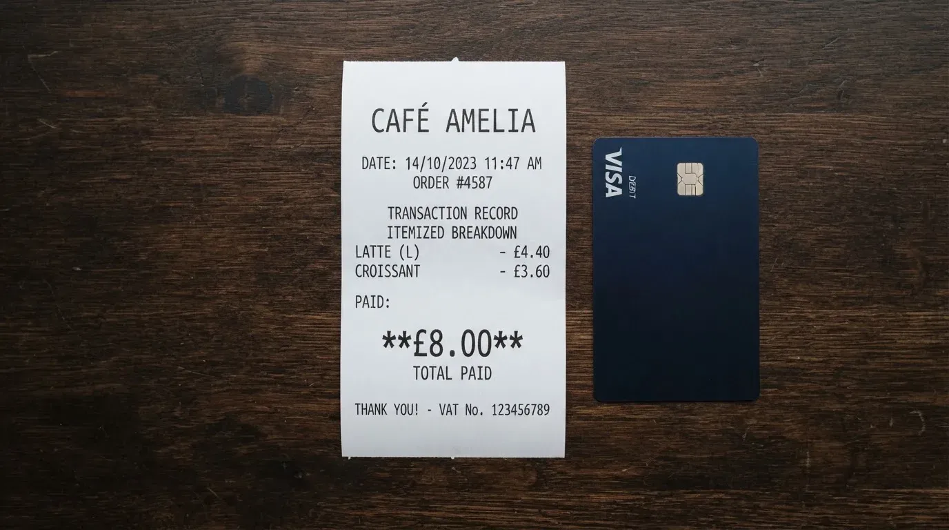 A receipt and a card on a café table