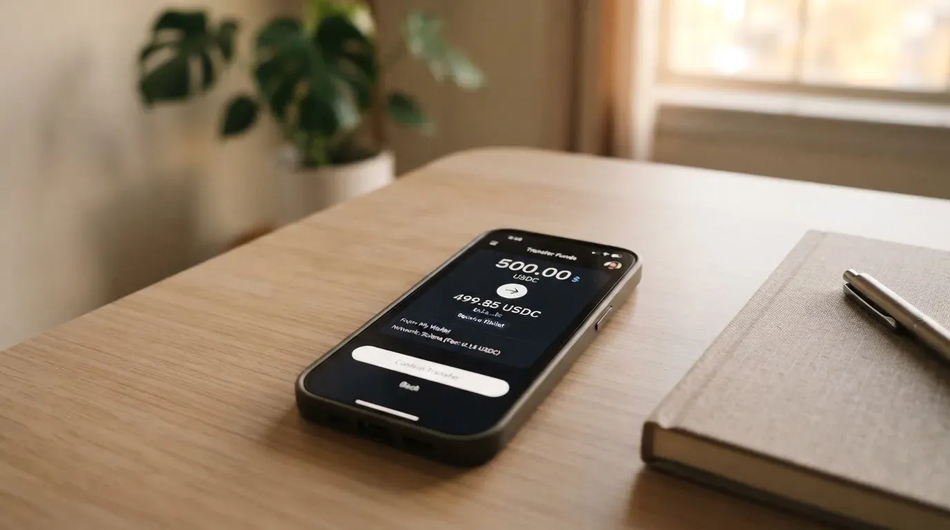 A phone showing a stablecoin transfer screen