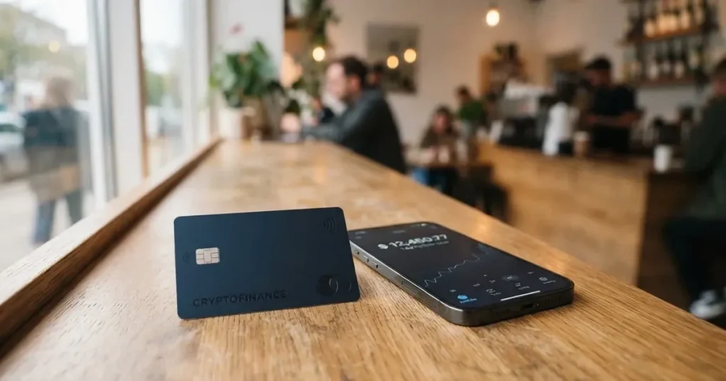 A payment card next to a phone with a crypto wallet app open