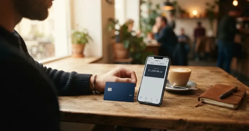 A payment card next to a phone with a crypto wallet app open