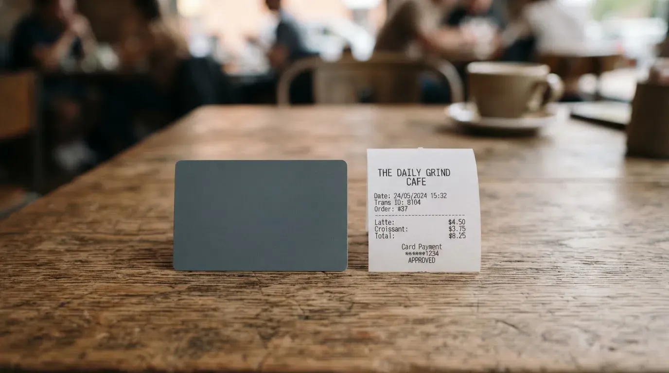 A receipt and a card on a café table