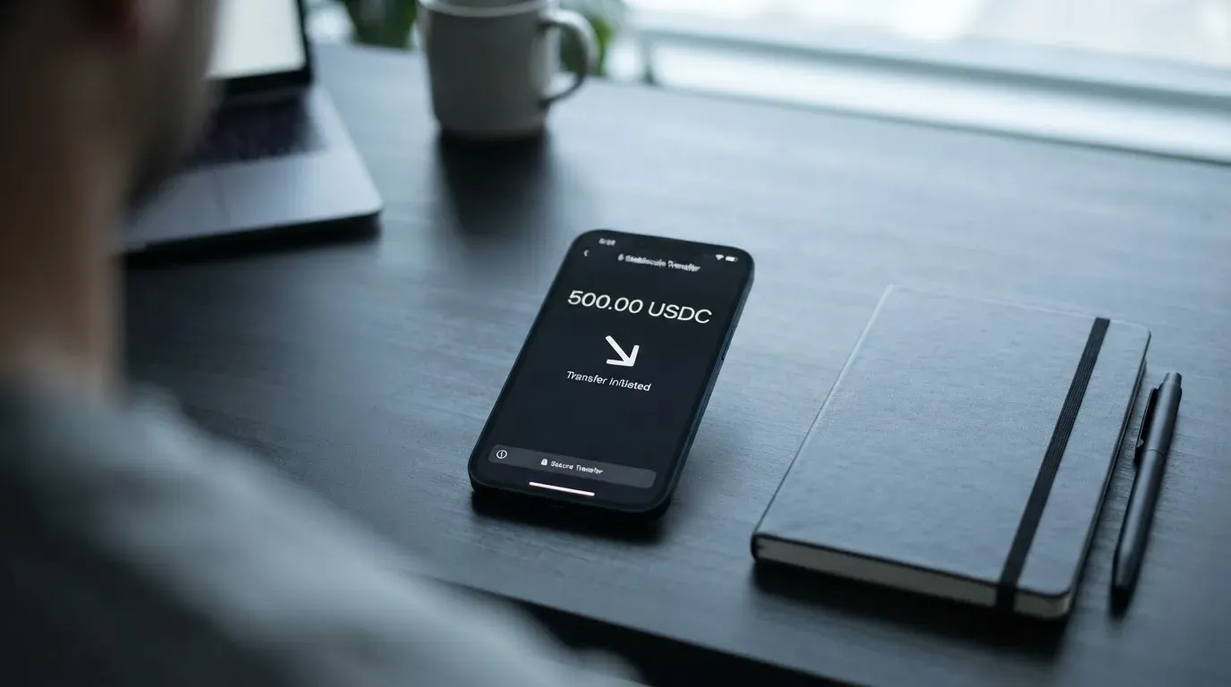A phone showing a stablecoin transfer screen