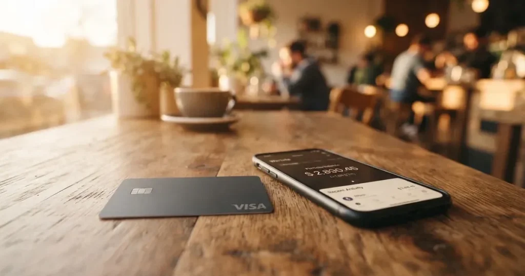 A payment card next to a phone with a crypto wallet app open