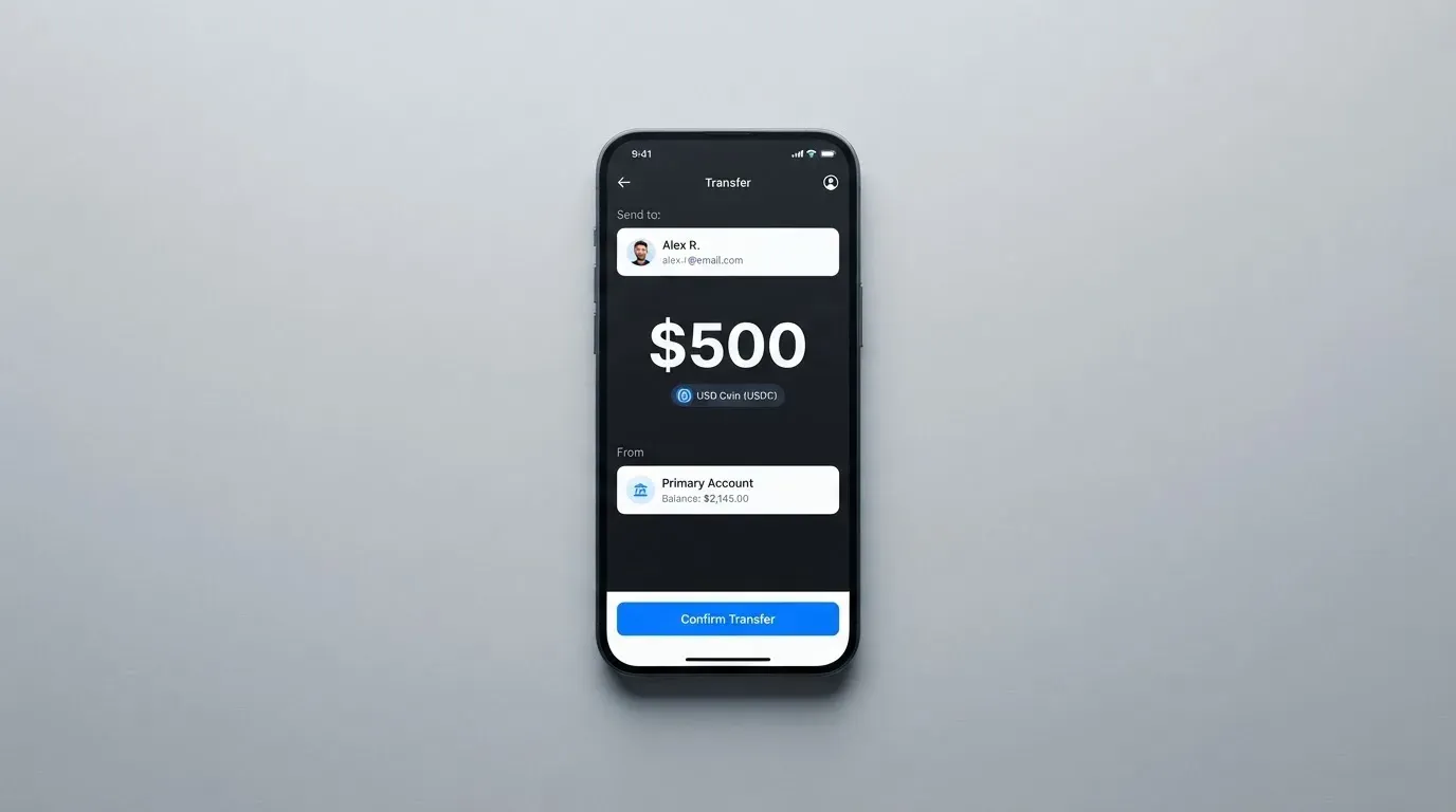 A phone showing a stablecoin transfer screen