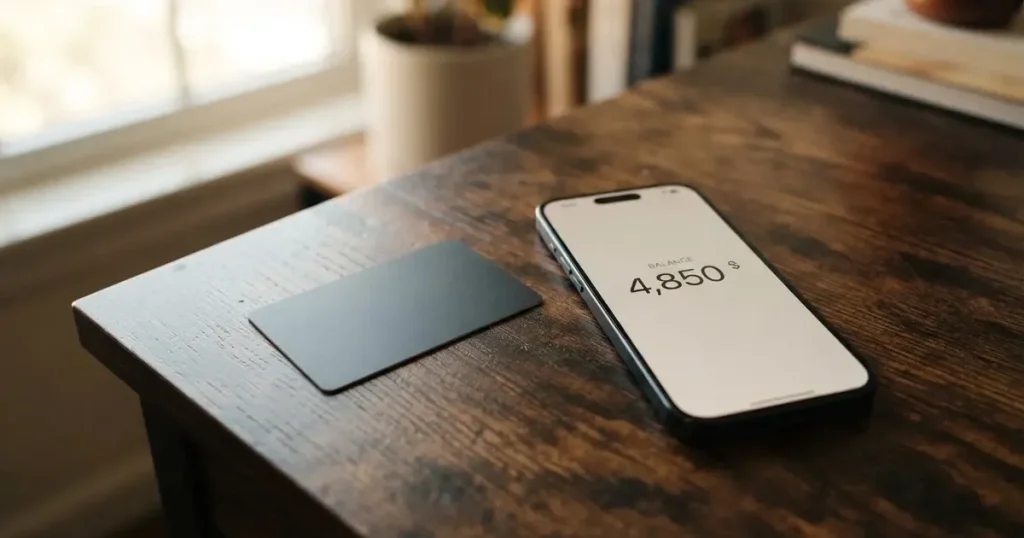 A payment card next to a phone with a crypto wallet app open