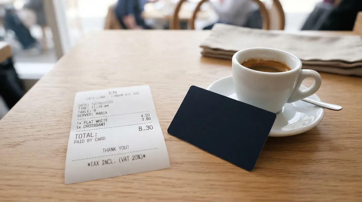 A receipt and a card on a café table